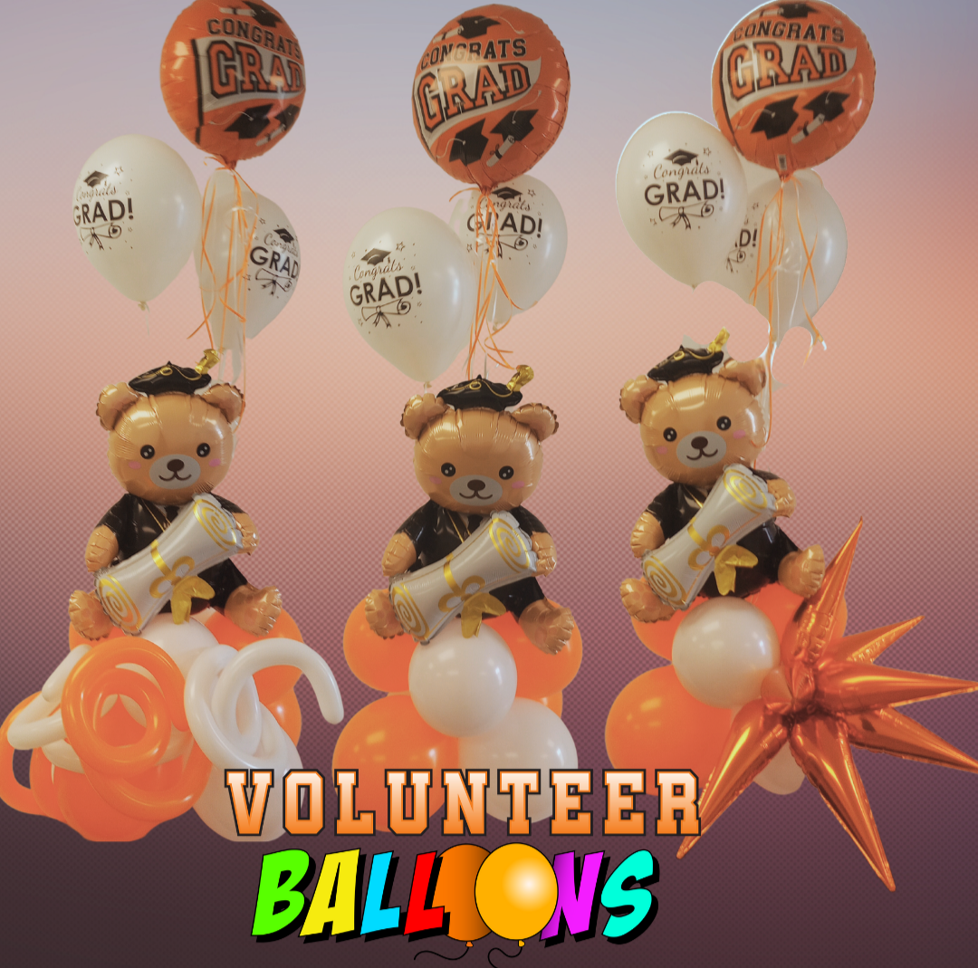 Graduation bear mini displays with VolBalloons logo for Knoxville graduations